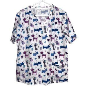 Women’s V-Neck Dog Print Scrub Top Short Sleeve White Purple Blue
